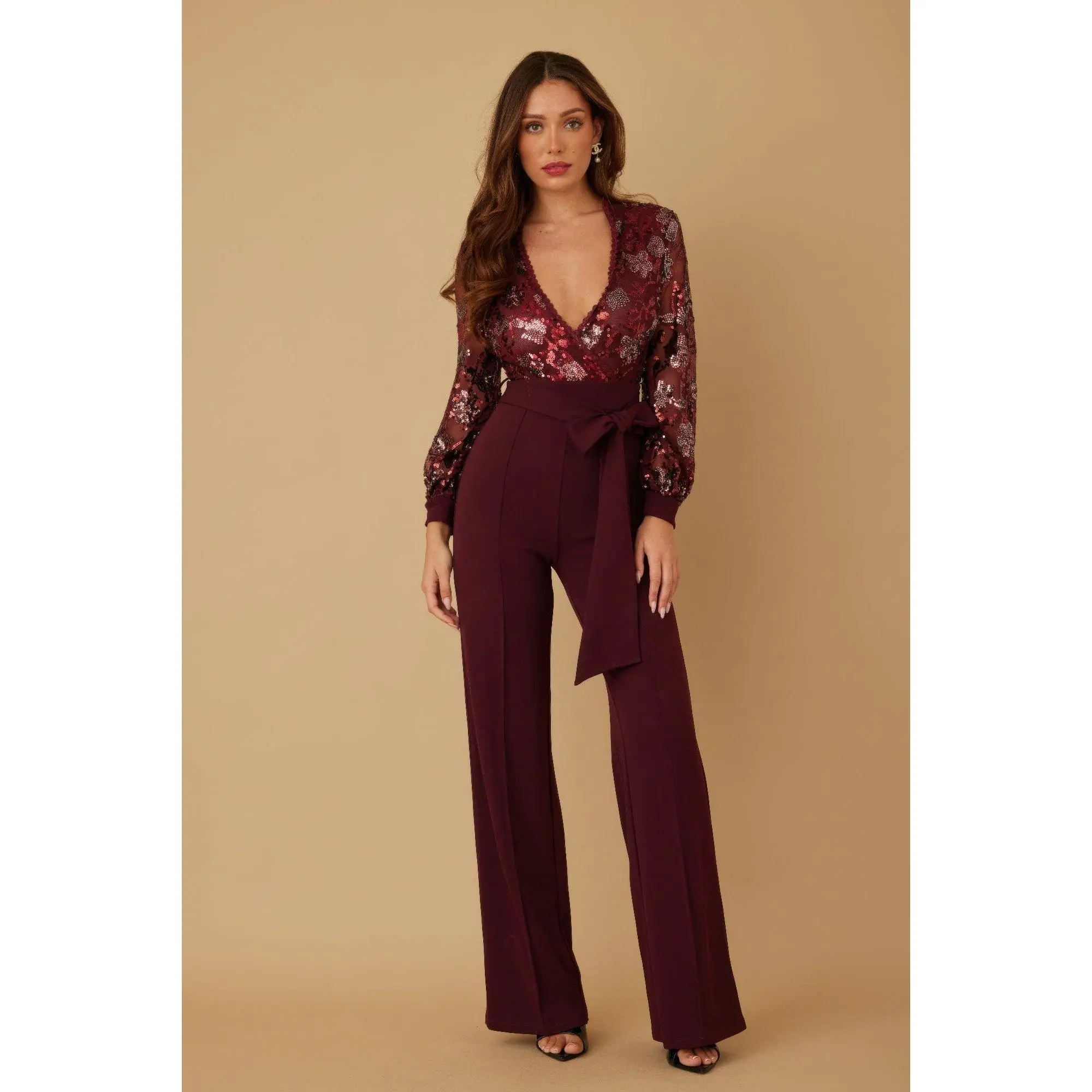 Women's Chic Flower Vein Sequin Print Jumpsuit, Spandex Fabric, With Belt and Zipper