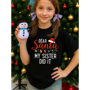 Young Girl's Dear Santa My Sister Did It Funny Christmas 67 Meme Fun Graphic Cotton T-Shirt For Young Girls, Black Christmas Family Gift Shirts For Christmas Holiday Fun Young Girls T-Shirt - Christmas Pattern, Summer Kids Funny 67 Meme SIX SEVEN Top, Rou