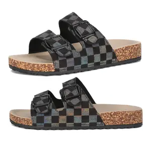 Women's Checkered Pattern Double Buckle Decorative Flat Slide Sandals with Comfortable Suede Natural Cork Insole Color Block Slippers