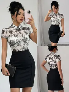 Women's Summer Rose Print Blouse + High Waist Skirt Set, Fitted Mesh Top, OL Style Elegance, Womenswear, Perfect for Office & Dates