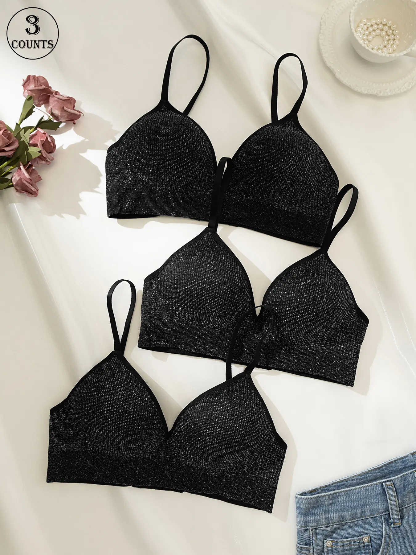 3-piece set of solid color gold-thread women's bras, anti-exposure sports vests, with underwire and hook closure, skin-friendly and soft, suitable for commuting, daily wear, fitness, and running, featuring integrated padded cups and adjustable straps.