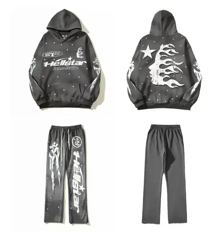 Hellstar Flame Hoodie & Sweatpants Set, Unisex Oversized Streetwear Tracksuit, Casual 2-Piece Outfit for Men & Women, Pullover Hoodie Jogger Set