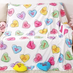 Cute Pastel Heart Throw Blanket - Y2K Coquette Aesthetic "Hug Me" Fleece. Soft Warm Candy Hearts Bedding for Teen Girl. Preppy Danish Pastel Room Decor, Spring Home Essentials multi-purpose cozy anime flannel