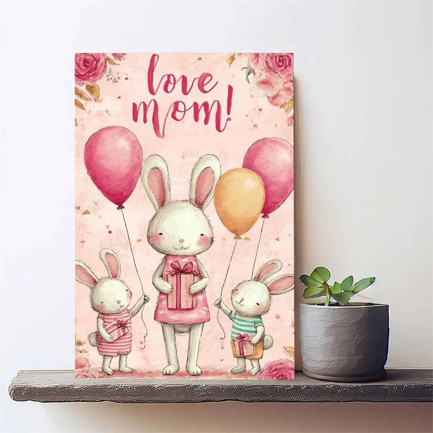 Playful Bunny Balloon Print Poster - Cartoon Animal Wall Art Prints, Cute Animal Home Decor, Room Art for Bedroom, Baby Character Wall Arts, Motherhood Gift for Mom with Love-Themed Gift Wrapped Packaging, Decorative, Wall Decoration