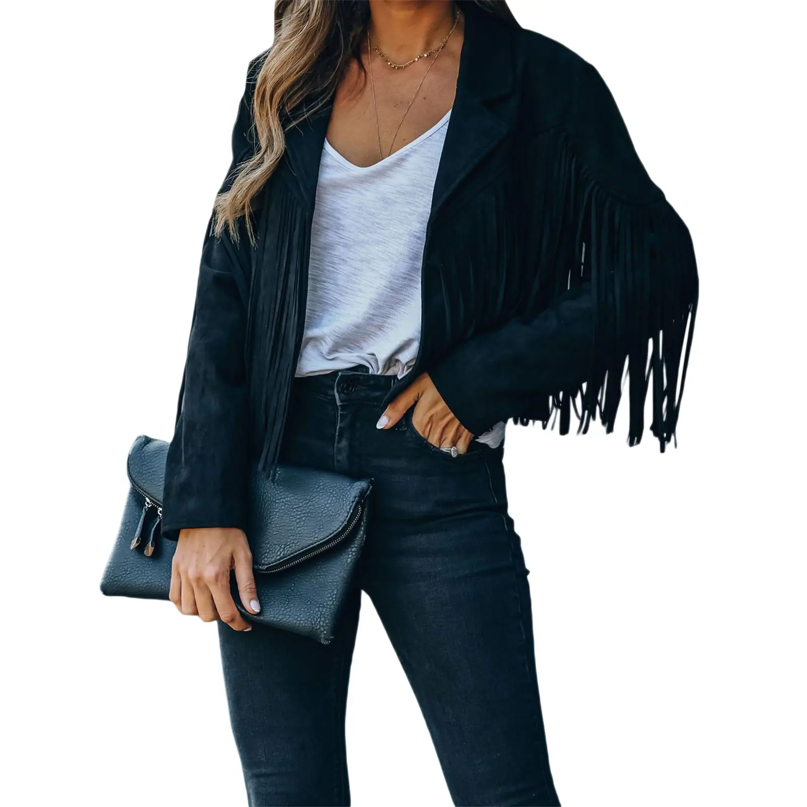 Ladies Female Women Solid Color Collared Jacket with Tassels, Long Sleeve Open Front Coat, Black/ Coffee/ Pink