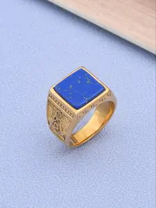 Stylish Men's Gold Plated Ring, Blue Agate Inlay, Minimalist & Bold, Matches Various Outfits