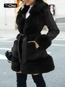 Women's Winter Woolen Coat, Womenswear Casual Commuter Chic Elegant Style, Thick Faux Fur Patchwork Design, Long Sleeve Outdoor Collared Lapel Zipper Pocket Fitted Jacket with Adjustable Belted Waist Outerwear