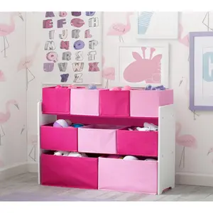 Deluxe Multi-Bin Storage Organizer | 9 Colorful Bins, Solid Wood & Fabric, 36"L x 11.8"W x 28"H, Stylish Storage for Toys, Office, or Household