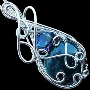 Sterling Silver Top Natural Neon Apatite Rainbow Quartz Elven Elvish Victorian Fantasy Wire Wrapped Gemstone Pendant Necklace Amulet