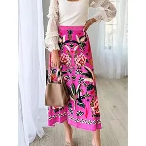 1pc Vintage Floral Print Women'S Skirt, Ethnic Style Midi, Summer Knit Polyester and Spandex Blend, with Elastic Waistband Womenswear Bottom
