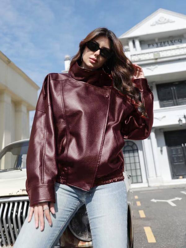 Women's Stand Collar Faux Leather Jacket, Streetwear Casual Long Sleeve Outerwear for Spring & Fall & Winter, Ladies' Waterproof & Windproof Clothes for Daily Wear, Oversized Jacket for Women
