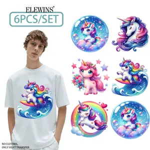 6Pcs Cute Magic Unicorn Heat Transfer Vinyl HTV Iron on Transfer for Tshirts Hoodies Jeans Backpacks Pillow Washable DTF Gold Foil Transfer Sheets for Men Women