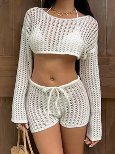 Island Vacation Style Lace Knit Two-Piece Set, Short Sleeve Top + Shorts Bikini Cover-Up, Summer Beachwear