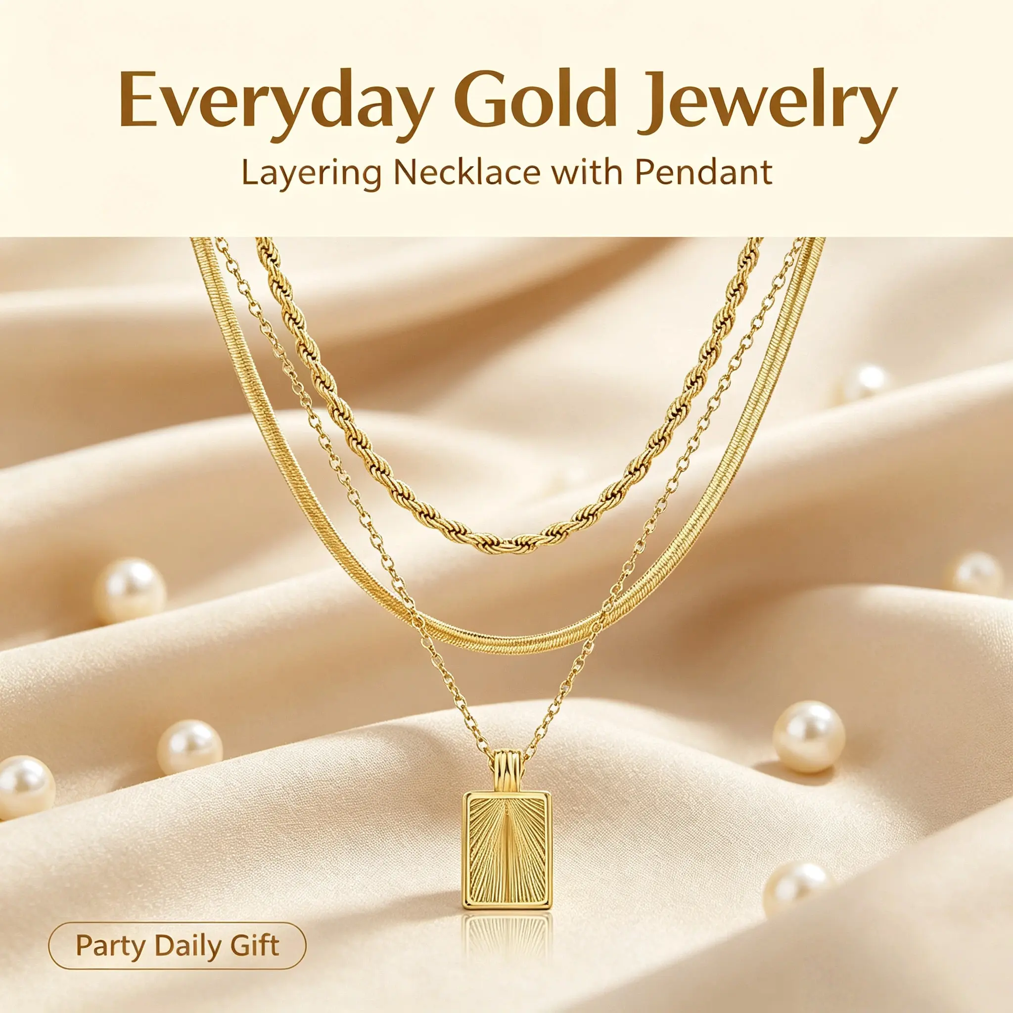 Gold Accented Multi‑Layer Herringbone Necklace With Sunburst Pendant, Non‑Tarnish Waterproof Hypoallergenic, Sensitive‑Skin Friendly Luxury Fashion Jewelry Gift for Ladies