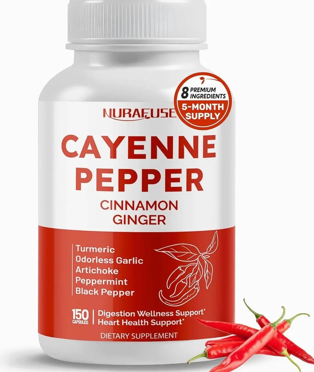 Cayenne Pepper 8-in-1 Formula - with Cinnamon, Ginger Turmeric, Odorless Garlic, Artichoke Non-GMO, Gluten-Free, Soy-Free