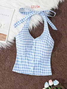 Spring New Blue Plaid Sexy Halter Backless Top, Women's Fashionable Casual Wear, Comfortable & Stylish Design, Perfect for Daily