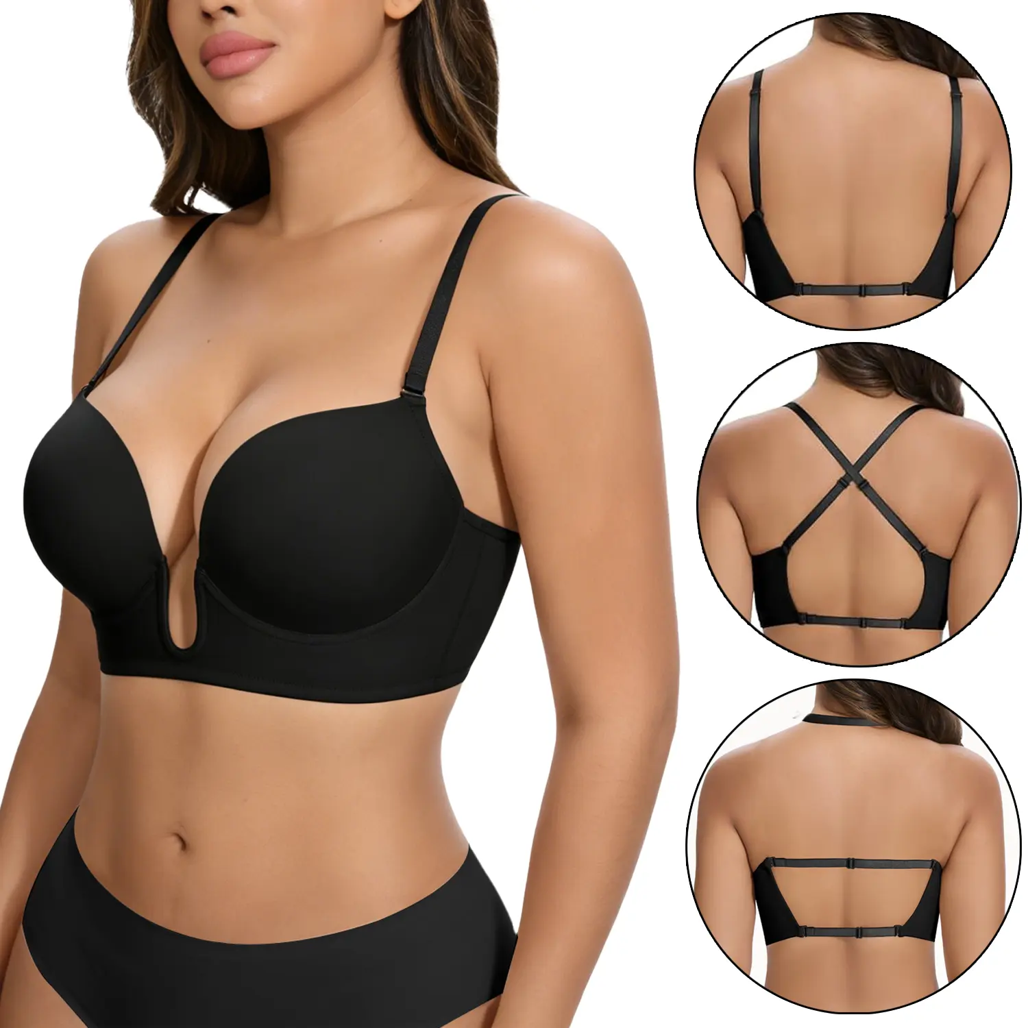 Plunge Bras for Women Backless Push Up Bras Low Cut Light Padded Bras Shaper Convertible with Clear Straps Dress Bra for Wedding Party Daliy Wear