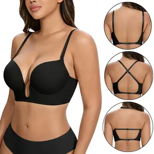 Plunge Bras for Women Backless Push Up Bras Low Cut Light Padded Bras Shaper Convertible with Clear Straps Dress Bra for Wedding Party Daliy Wear