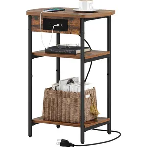 End Table with Charging Station, 3 Tier Storage Bed Side Table with USB Port & Outlet, Nightstand for Living Room, Bedroom, Narrow Side Table, Rustic Brown and Black ET05201B