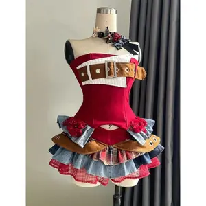 Summer Spicy Girl Vintage 2 Piece Sets  Lace Splice Sleeveless Tops + Irregular Mini Skirt Female Punk Style Design Outfits