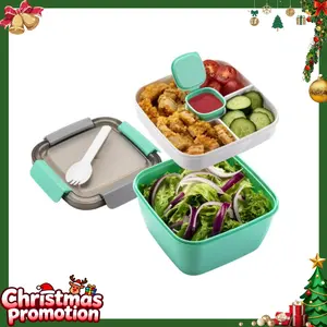 Salad Lunch Box with 52 oz Salad Bowls, Removeable 3 Compartments Salad Box, Reusable BPA-Free Leak Proof Bento-Style Tray with Fork & Sauce Container for Meal Prep & Food Storage