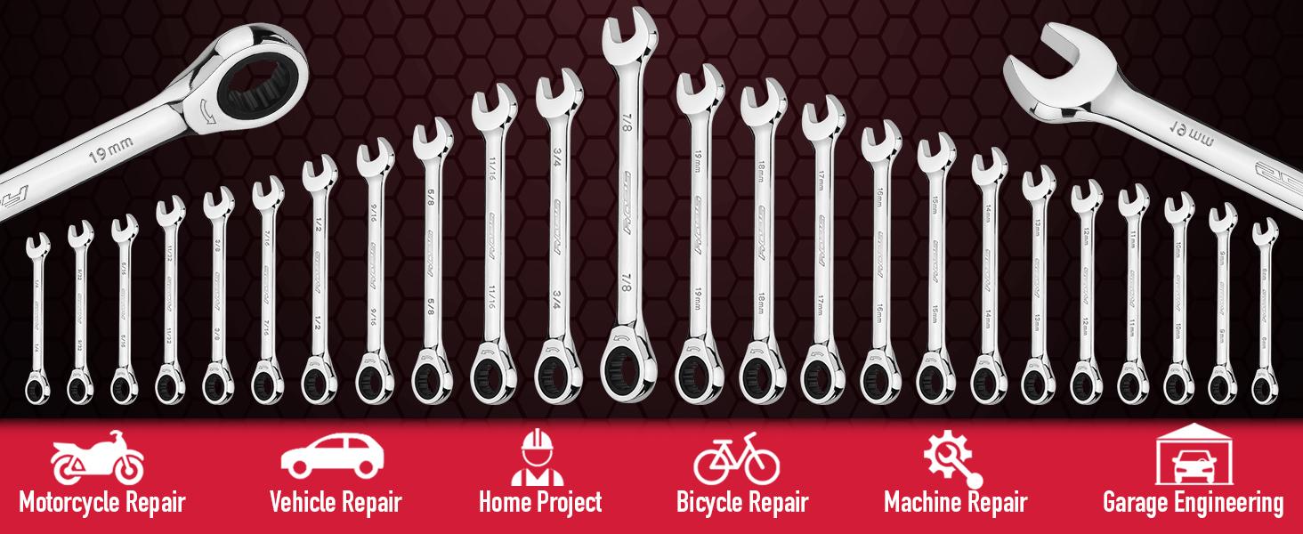 Ratchet Wrench Set Metric Standard: 24-Piece Combination Ratcheting Wrenches Set, Sturdy Chrome Vanadium Steel Construction, Metric & SAE, 8-19mm 1/4-7/8, 72-Tooth Precision Mechanic Tool Kit household tool ratchet