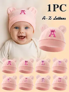 1PC Newborn Baby Hat For 0-4 Months, Sweet Gorgeous Bow & Letter Decor, 26 Letters Available, Soft Breathable Infant Beanie For Hospital, Ideal For Birthday & Holiday Gift, Daily Outfit For Baby Girls, Embroidered Cap