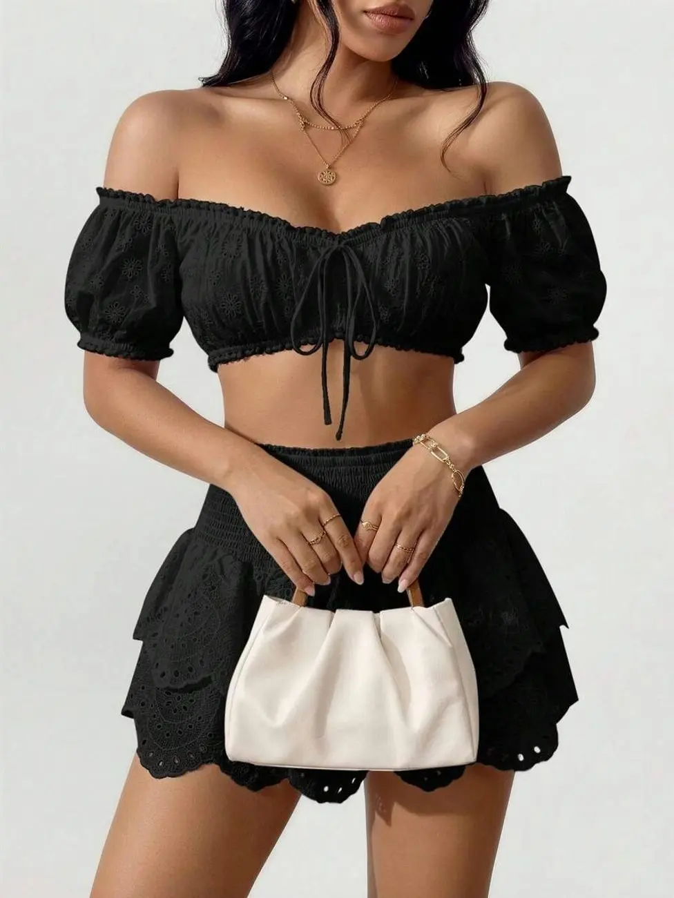 Women's Eyelet Embroidery Off Shoulder Two Piece Set, Puff Sleeve Crop Top and Ruffled Skirt, Summer Vacation Beach Outfit