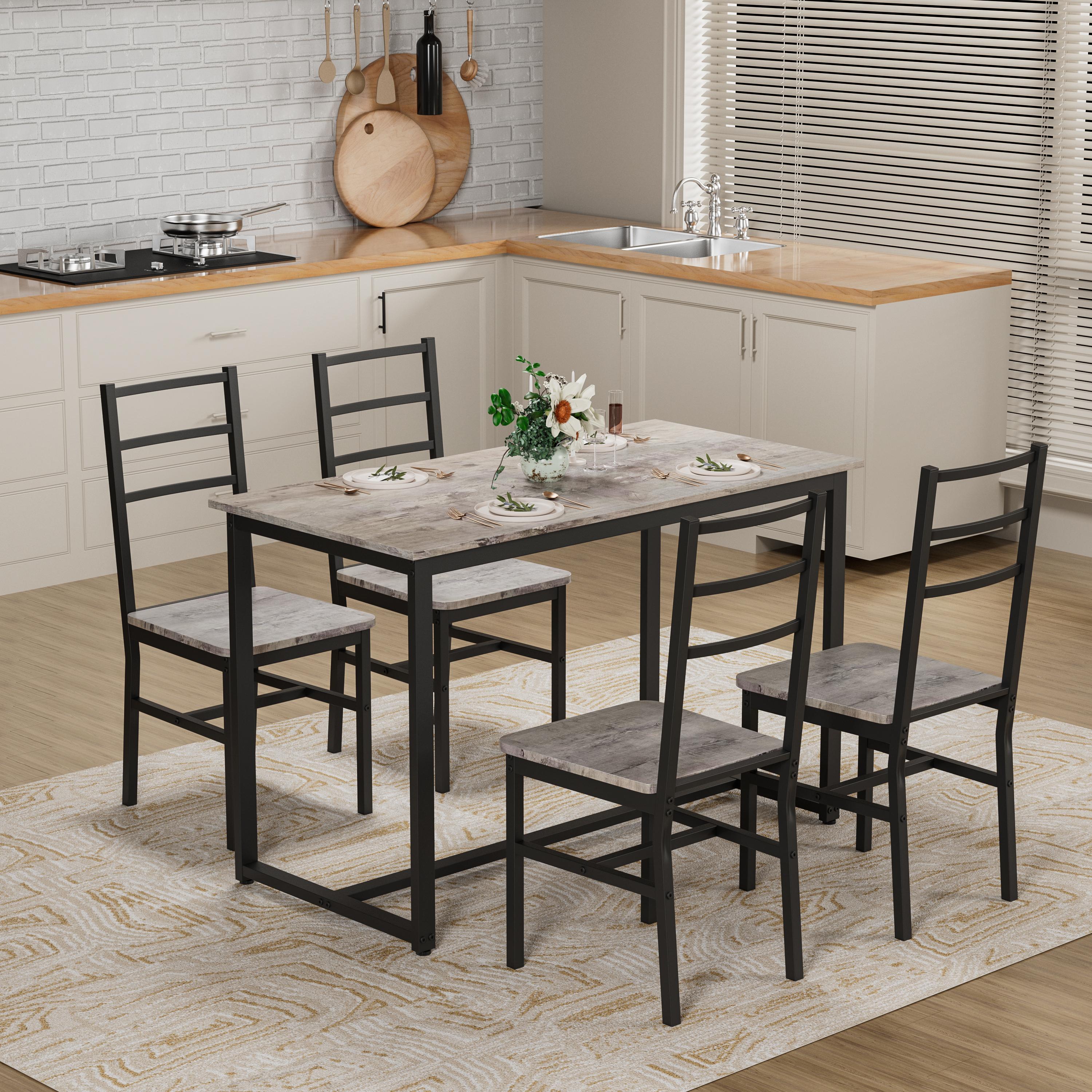 5-Piece Dining Table Set, Industrial Kitchen Table and Chairs for 4 with Backrest and Metal Frame, Set of 5 Dining Table and Chairs Rectangular Space-Saving Dinette Set for Dining Room, Apartment, Small Space