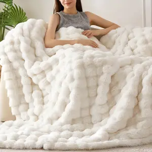 ORINOVA “Soft Light” Light-Beige Faux Rabbit Fur Striped Throw — Camera-Ready Cozy Blanket 50″×60″  — Instantly Elevate Your Home-Visit Aesthetic