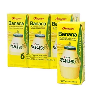 Binggrae Banana Flavored Milk Drink – Sweet and Creamy Korean Beverage – Shelf-Stable 6.8 fl oz Cartons – Pack of 6