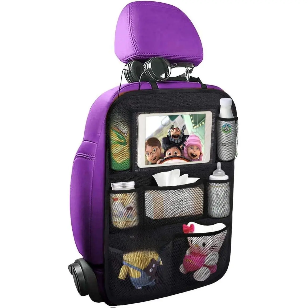 Backseat Car Organizer Mat with Touch Screen Tablet Holder, Storage Bag for Kids' Car Seats, Automotive Interior Travel Road Trip Essentials