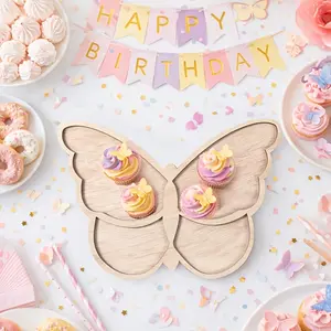 A butterfly shaped wooden decorative tray, suitable for wedding bridal parties, birthday party decorations, party table decorations, spring themed party supplies, anniversary party decorations, and various holiday party display trays