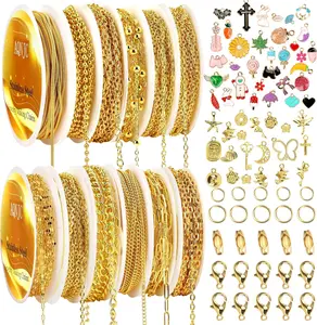 AQNJC Gold Chain for Jewelry Making, 98 Feet 12 Rolls Jewelry Chains with Gold Charms for Women DIY Necklace Bracelet Making Supplies with Jump Rings, Lobster Clasps, Connectors