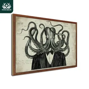Octopus Man Element Wooden Painting Decor, Decorative Artwork, Halloween Wood Poster Wall Art Decoration for Home Farmhouse Living Room Office Studio Cafe Coffee Shop Bar Club, Ornaments