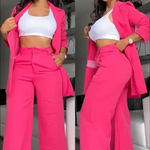 European and American Style Women’s Fashion Elegant Solid Color Blazer with Split Sleeves and Lapels, Straight-Leg Pants with Pockets — Pink Suit