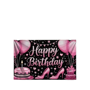 2D Flat - 2D Flat - 1pc a Flat 2D Banner Featuring a Sweet Pink And Black Design, Suitable for Party Background Decoration And Photo Props. Made of Polyester, It Can Be Used for Home, Room