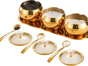 3-Pcs Gold Stainless Steel Spice Jars Sugar Salt Condiment Set with Lid Spoon and Tray  For Kitchen Container Christmas Gift