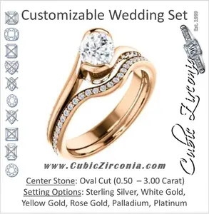 CZ Wedding Set, featuring The Marcia engagement ring (Customizable Bezel-set Oval Cut Bypass Design with 3-sided Mobius-inspired Split-Pavé Band)