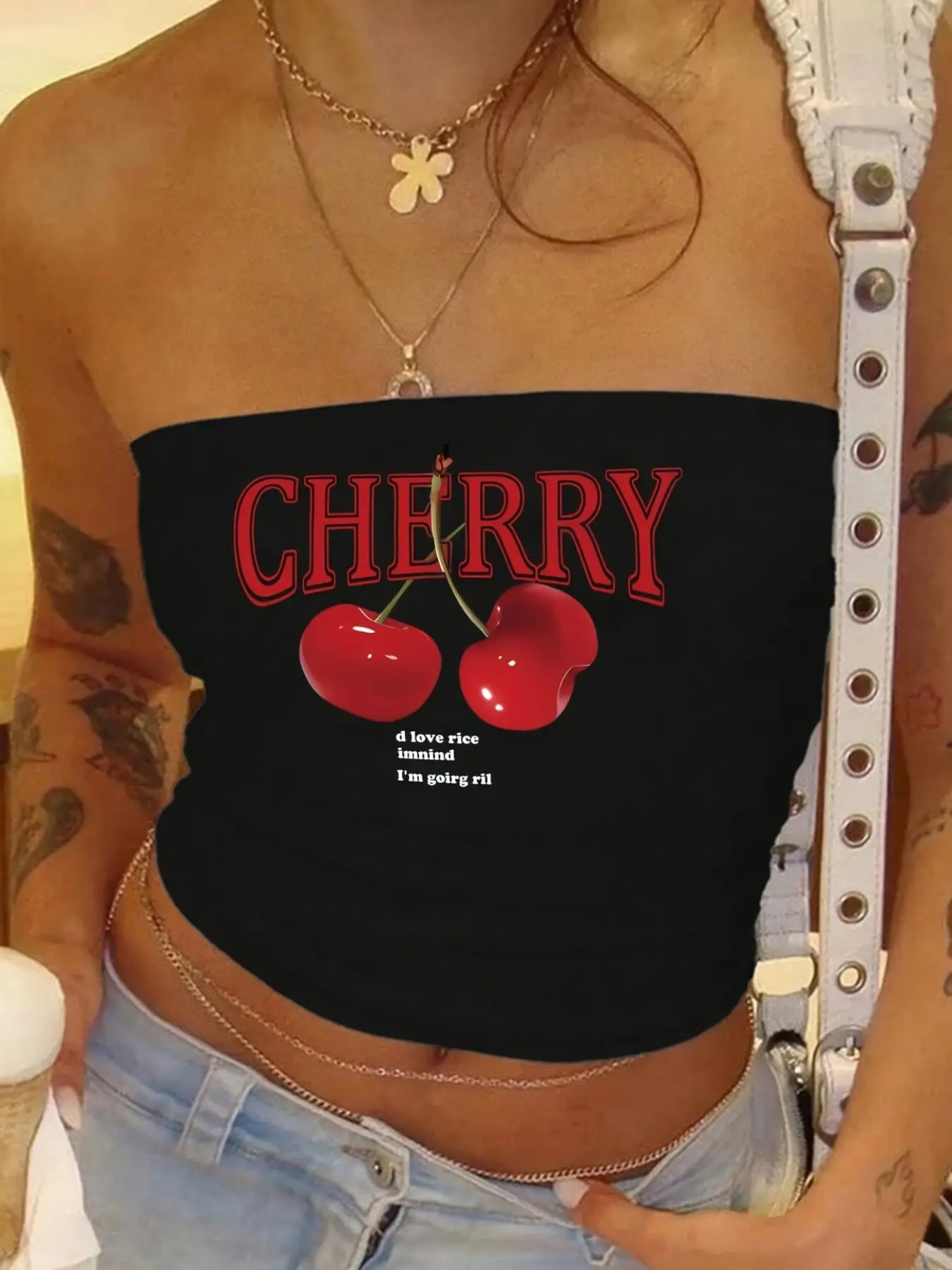 Women's Cherry Tube Top Sleeveless Slim Fit Graphic Print Short Crop Top Sexy One Shoulder Strapless Backless Casual Summer Wear