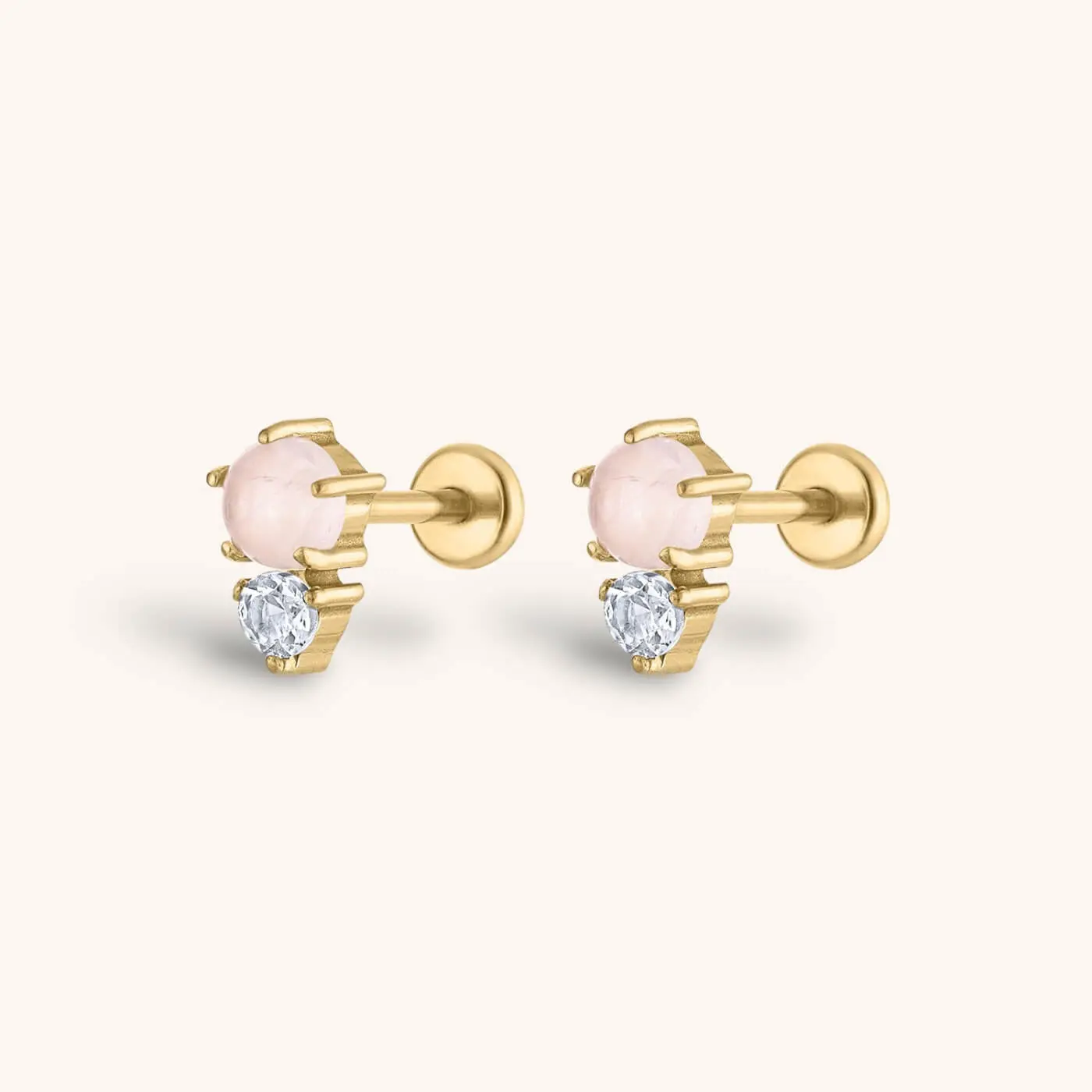 Tarnish-Proof Pink Quartz & White Topaz Gem Duo Oval Stud Earrings - 6x3mm Stones Set, Standard Post, Gold Aesthetic Earring Stack, Bling Effect Everyday Wear Fashion Accessory