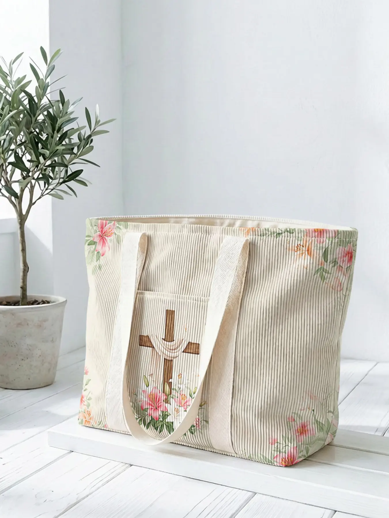 1 piece of floral cross pattern 2D printed tote bag, large capacity space, Stylish Tote Bag|Commuting/shopping/working all-purpose|Carry the gentleness and faith of Easter in your hands, Easter