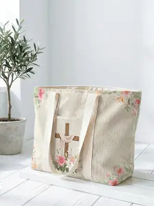 1 piece of floral cross pattern 2D printed tote bag, large capacity space, Stylish Tote Bag|Commuting/shopping/working all-purpose|Carry the gentleness and faith of Easter in your hands, Easter