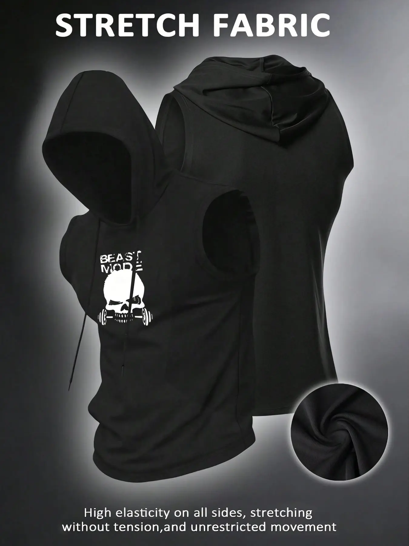 Men's Sleeveless Hooded Gym Vest, Beast Mode Skull Dumbbell Print, High Stretch Fabric, Fitted Casual Style for Bodybuilding & Intense Sports, Gym Tops, Hoodie Top