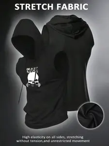 Men's Sleeveless Hooded Gym Vest, Beast Mode Skull Dumbbell Print, High Stretch Fabric, Fitted Casual Style for Bodybuilding & Intense Sports, Gym Tops, Hoodie Top