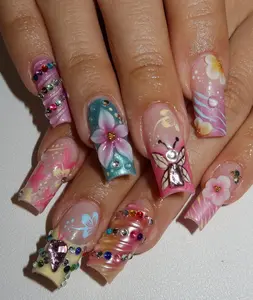 Handmade 3D Flowers Butterfly Nails, Colorful Gem Rainbow Press On Nails