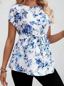 Maternity Floral Top - Casual Short Sleeve Round Neck Tee for Pregnant Women