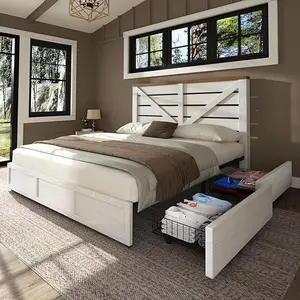 AMERLIFE Farmhouse Bed Frame with 4 Drawers, Wooden Storage Bed Frame with Headboard and Heavy Duty Metal Slats, Noisy Free, Easy Assemble