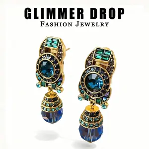 Glimmer Drop High-End Aesthetic Clip-On Earrings for Women Vintage Blue Crystal Rhinestone Drop Ear Cuffs Retro Luxury Statement Earrings