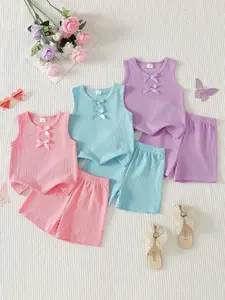 Three Sets (six Pieces) Girls' Casual Bow Top and Shorts Set, Soft Knit Fabric, Sleeveless, Natural Waist, Spring Summer Outdoor Wear